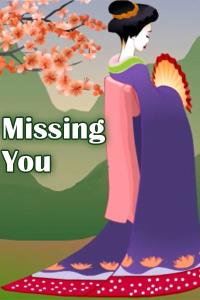 A geisha poses somberly next to a cherry tree in full bloom.