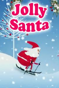 A snowy hill in a forest of bare trees with Santa on snow skis heading down hill and smiling. Above him the title reads, "Jolly Santa"